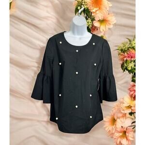 ANA Black Pearl Blouse Sz Large Flounce 3/4 Sleeves Versatile Minimalist Top NEW